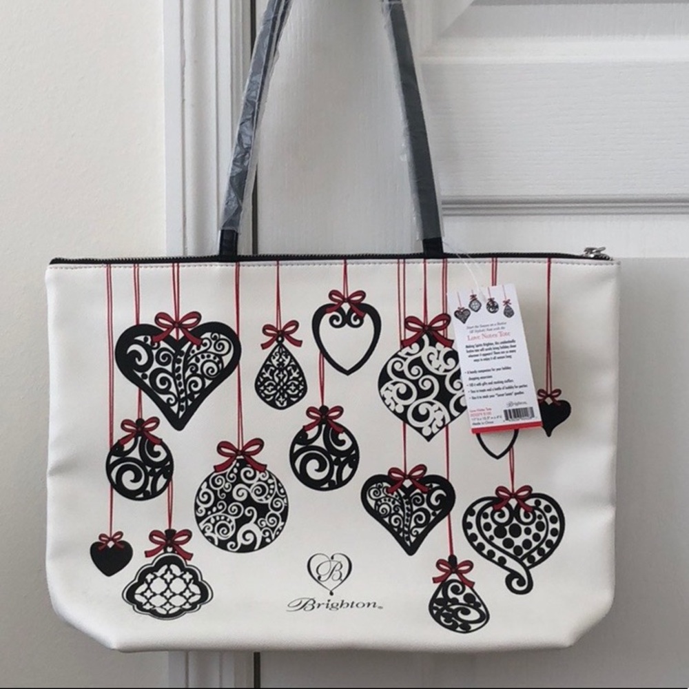 Brighton White Tote with Black Ornament Hearts and Red Bows